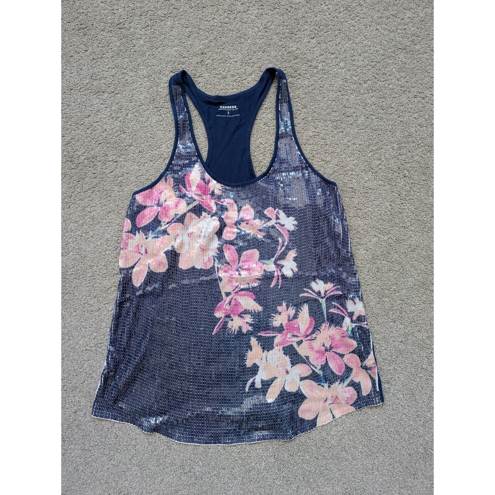 Express Tank Top Women M Cotton Modal Navy Blue Floral Sequin Racerback Shell